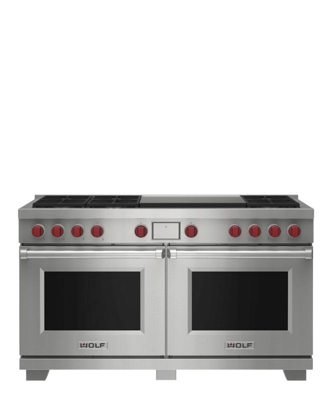 Cocina Mixta de 6 fuegos con plancha doble con mandos en rojo