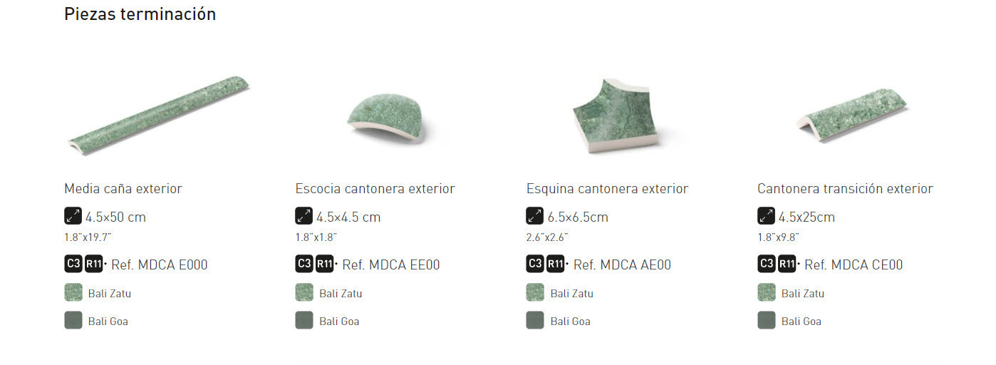 Piezas especiales porcelánico colección Bali