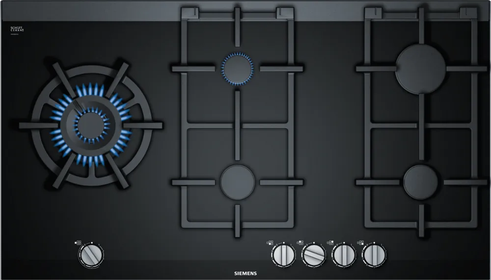 Gas hob 90 cm Black glass