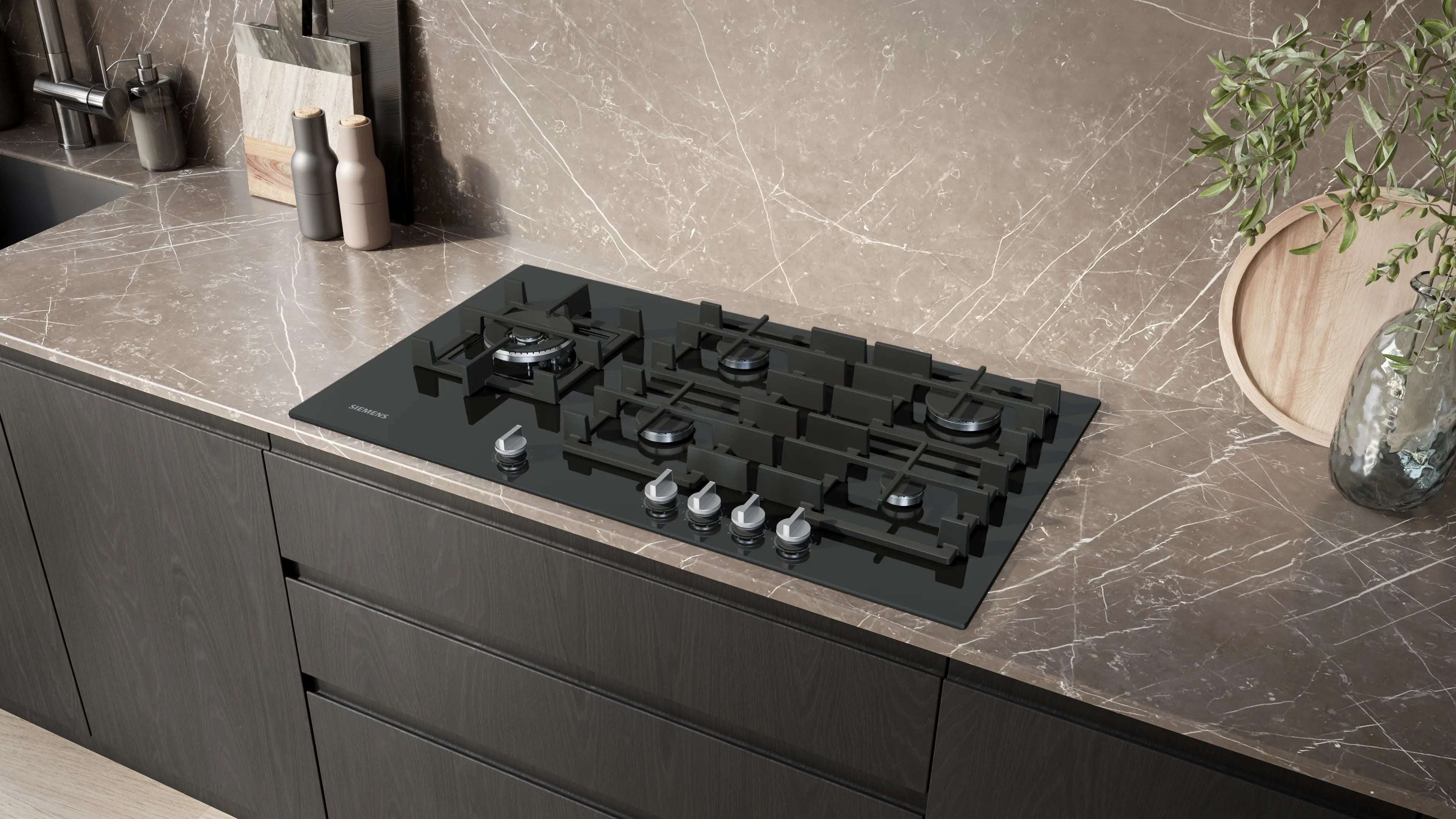 Gas hob 90 cm Black glass