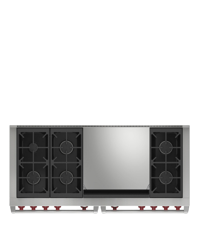 Cocina Mixta de 6 fuegos con plancha doble con mandos en rojo
